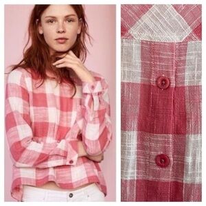 Anthropologie Cloth & Stone Pink White Plaid Linen Blend Button Back Top